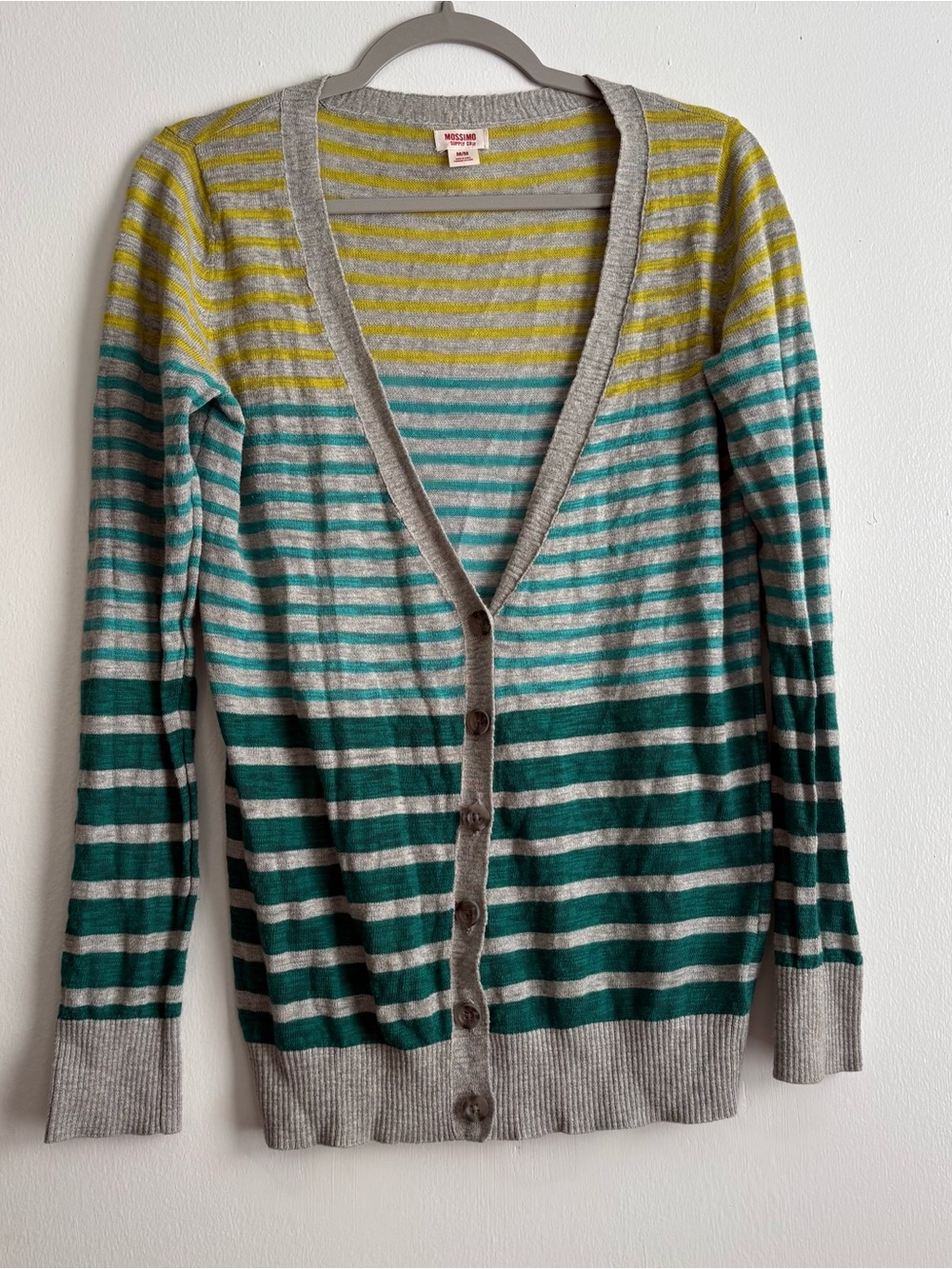 Mossimo Supply Co. Gray/Green/Yellow Striped V-Neck Grandpa Cardigan Sweater M